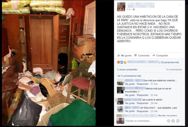 En facebook. Esta es la imagen que publicó una de las hijas de la víctima del robo tras el ingreso de los delincuentes a la casa de su padre.