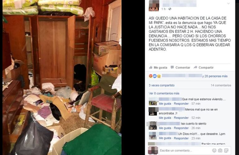 En facebook. Esta es la imagen que public&oacute; una de las hijas de la v&iacute;ctima del robo tras el ingreso de los delincuentes a la casa de su padre.