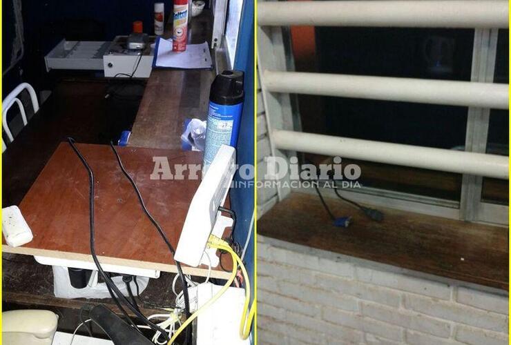 En imágenes. El escritorio vacío donde se encontraba el monitor y la ventana violentada.