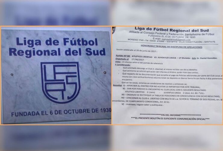 Imagen de Informe del Honorable Tribunal Disciplinario de la Liga del Sud