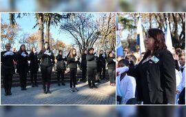 El Coro que dirige Fabiana Jos&eacute; durante su presentaci&oacute;n en el acto del pasado 20 de junio en la Plaza 9 de Julio. Fotos: Municipalidad de Arroyo Seco