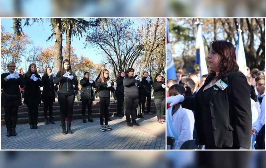 El Coro que dirige Fabiana Jos&eacute; durante su presentaci&oacute;n en el acto del pasado 20 de junio en la Plaza 9 de Julio. Fotos: Municipalidad de Arroyo Seco