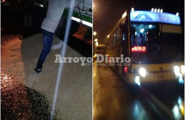 En la foto. A raíz de la colisión, el camión perdió parte de su carga / el colectivo partícipe del accidente. En la foto. A raíz de la colisión, el camión perdió parte de su carga / el colectivo partícipe del accidente.