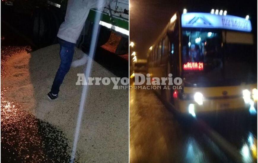 En la foto. A raíz de la colisión, el camión perdió parte de su carga / el colectivo partícipe del accidente.