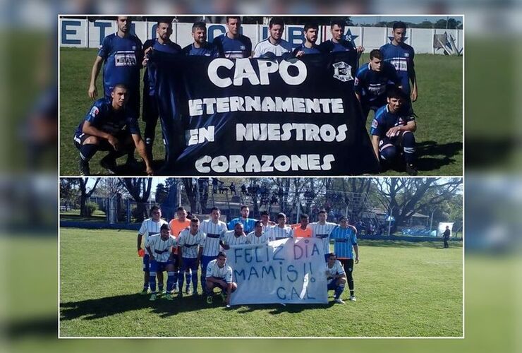 Emotivos gestos. Foto 1: Homenaje de Athletic en memoria de Marcelo "el Capo" Giuggia desaparecido físicamente. Foto 2: Equipo de Libertad de G. Lagos en recuerdo del Día de la Madre.