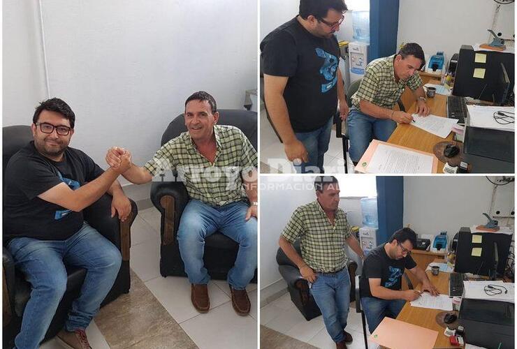 En el momento. Las imágenes de la firma del convenio entre las partes representadas por Sergio Gaudio y David Lannutti.