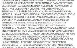 Comentario en las redes. La vecina utiliz&oacute; su muro de facebook para hacer p&uacute;blico lo que les sucedi&oacute;.