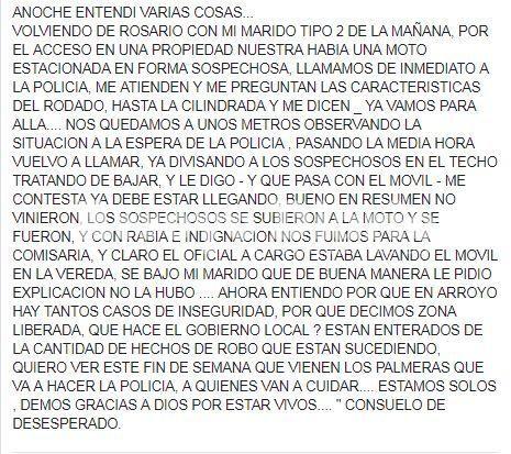 Comentario en las redes. La vecina utilizó su muro de facebook para hacer público lo que les sucedió.