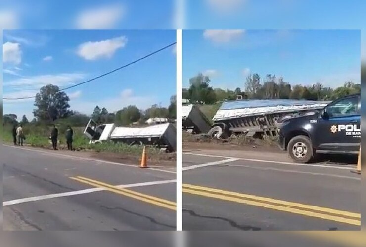 El transporte de carga quedó en una zanja. Foto: Twitter/imagen video @emergenciasAR