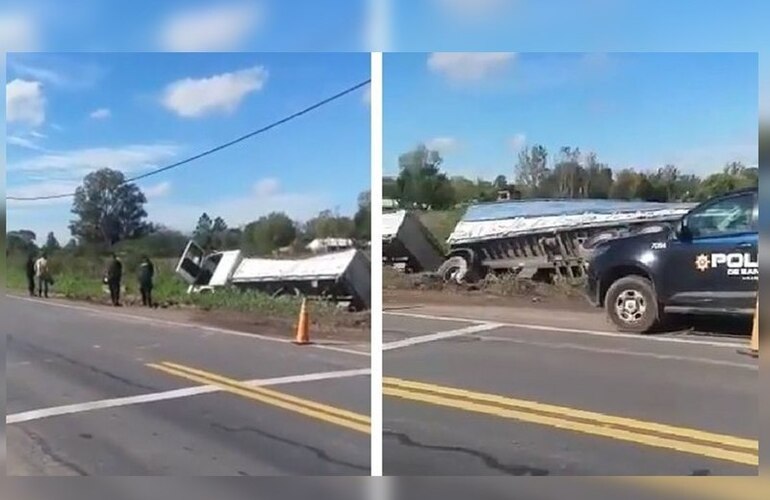 El transporte de carga quedó en una zanja. Foto: Twitter/imagen video @emergenciasAR