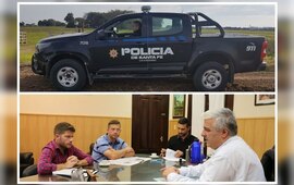 En las fotos. Arriba: Patrulla nueva que llegó hace pocos días - Abajo: Esper junto a los funcionarios provinciales.