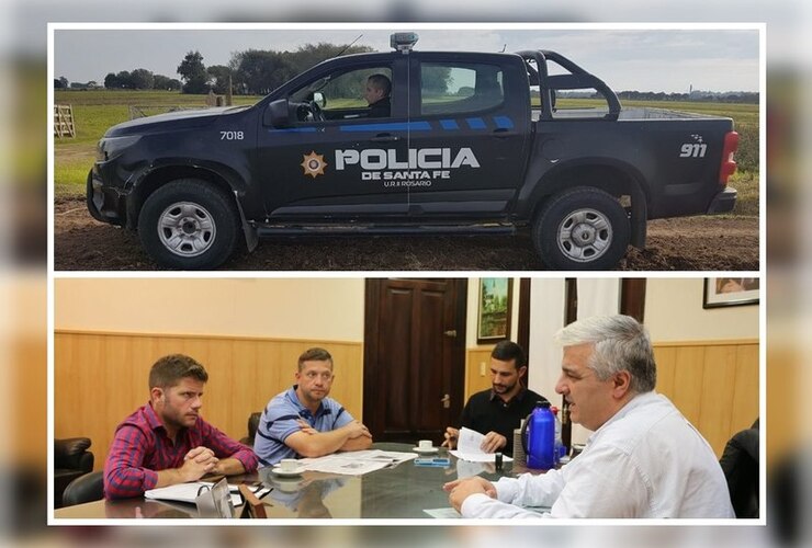 En las fotos. Arriba: Patrulla nueva que llegó hace pocos días - Abajo: Esper junto a los funcionarios provinciales.