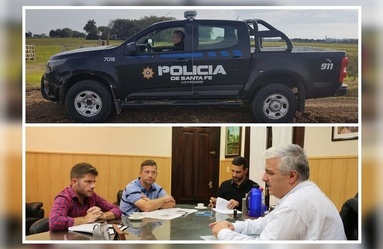 En las fotos. Arriba: Patrulla nueva que llegó hace pocos días - Abajo: Esper junto a los funcionarios provinciales.