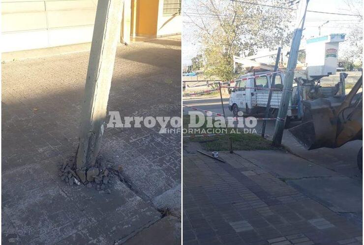Situación controlada. Uno de los postes ya fue retirado y el otro quedó asegurado.