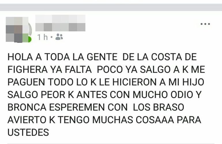 La captura de facebook que llegó a manos de la justicia.