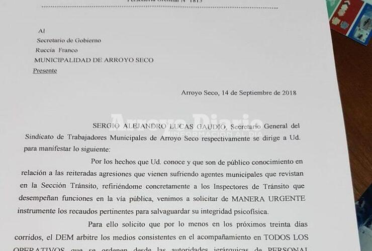 La nota. El escrito que ingresó esta mañana por Mesa de Entrada de la Municipalidad.