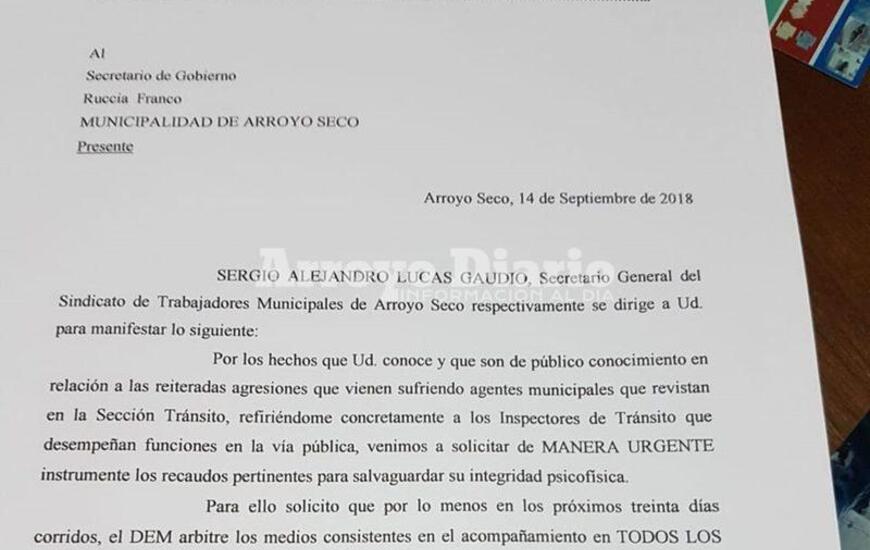 La nota. El escrito que ingres&oacute; esta ma&ntilde;ana por Mesa de Entrada de la Municipalidad.