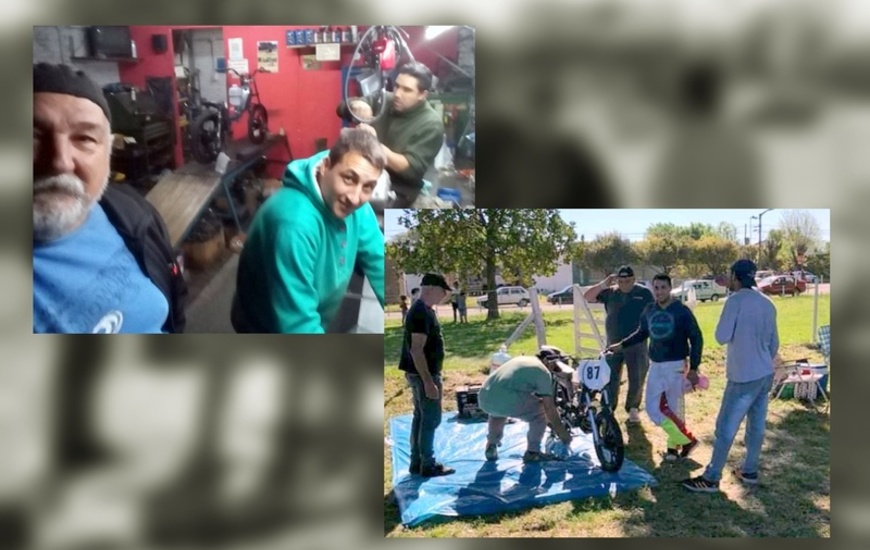 Mat&iacute;as, Mariano Brancatti y equipo, trabajando en el taller y en las pistas