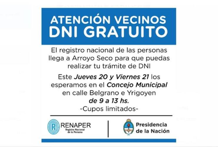 Imagen de Trámite gratuito de DNI en Arroyo Seco