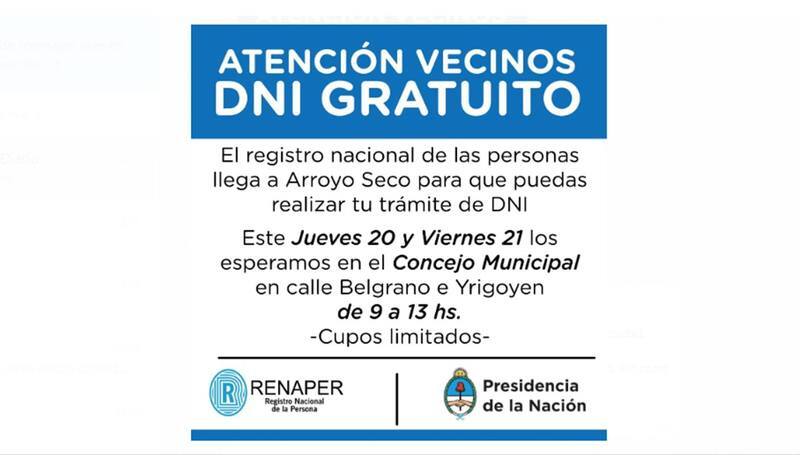 Imagen de Tr&aacute;mite gratuito de DNI en Arroyo Seco