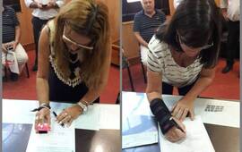 Dos de las que recibieron. Autoridades del San Jos&eacute; y del Santa Luc&iacute;a recibiendo los aportes. Fotos: Municipalidad