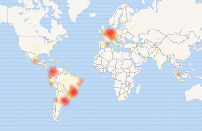 El mapa que muestra las zonas donde hubo fallas en WhatsApp.