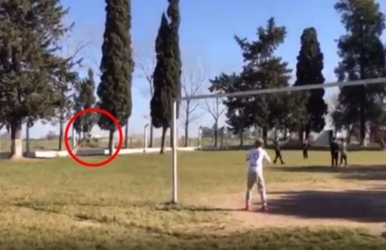 La imagen de la m&aacute;quina fumigando y los chicos jugando.