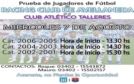 Imagen de Racing Club prueba jugadores de fútbol en el Club Atlético Talleres