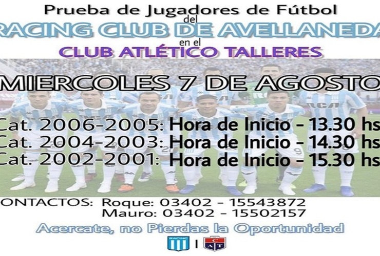 Imagen de Racing Club prueba jugadores de fútbol en el Club Atlético Talleres