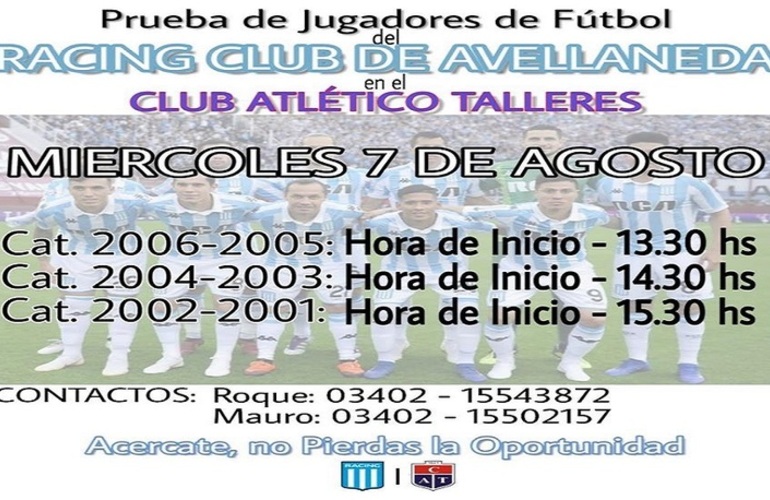 Imagen de Racing Club prueba jugadores de fútbol en el Club Atlético Talleres
