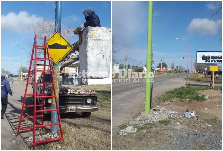 Imagen de Una de cada color: Obras Públicas pinta las columnas del acceso