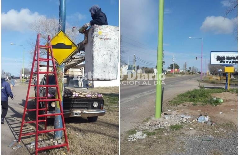 Imagen de Una de cada color: Obras Públicas pinta las columnas del acceso