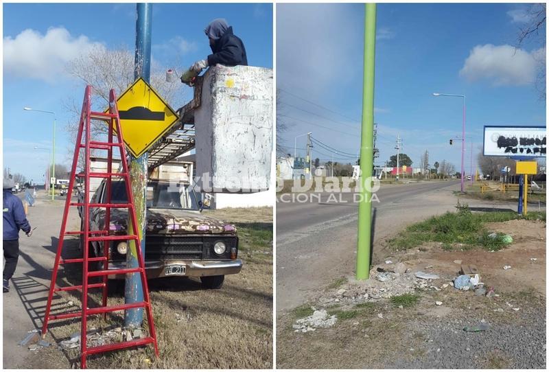 Imagen de Una de cada color: Obras P&uacute;blicas pinta las columnas del acceso