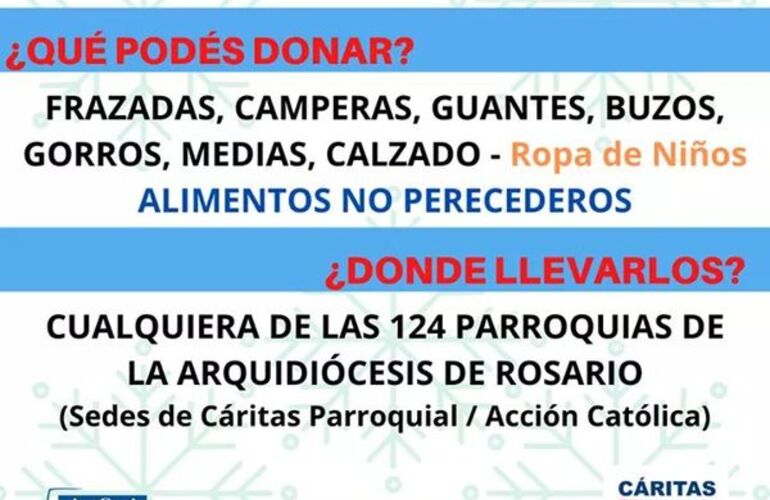 Imagen de Campaña contra el frío: Podés llevar tus donaciones a Cáritas Arroyo Seco o a la Parroquia