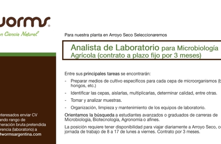 Imagen de Worms SA, búsqueda de personal: Analista de Laboratorio para Microbiología Agrícola