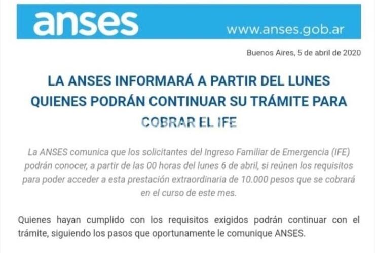 Imagen de La ANSES informará a partir del lunes quienes podrán continuar su trámite para cobrar el IFE