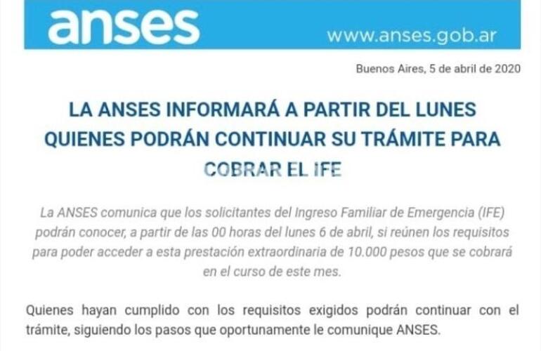 Imagen de La ANSES informará a partir del lunes quienes podrán continuar su trámite para cobrar el IFE