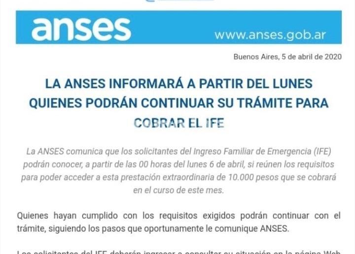 Imagen de La ANSES informar&aacute; a partir del lunes quienes podr&aacute;n continuar su tr&aacute;mite para cobrar el IFE