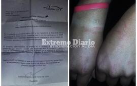 Foto 1. El certificado que el muchacho nunca pudo exhibir - Foto 2. As&iacute; le quedaron las mu&ntilde;ecas tras la detenci&oacute;n.