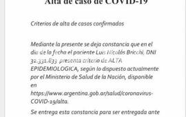 Imagen de Nicol&aacute;s Bricchi recibi&oacute; el alta m&eacute;dica por COVID-19