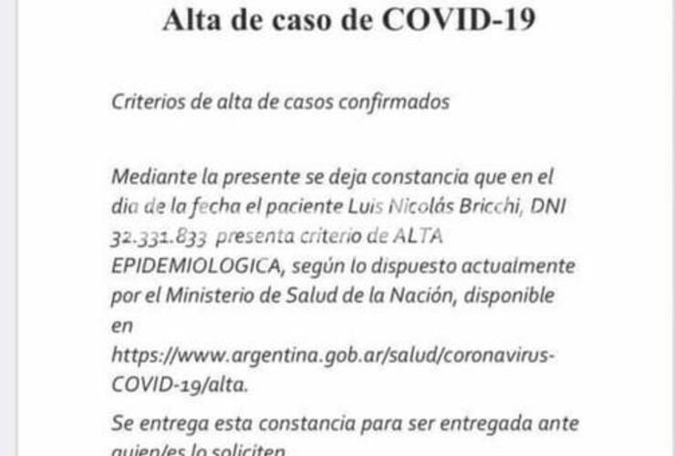 Imagen de Nicolás Bricchi recibió el alta médica por COVID-19