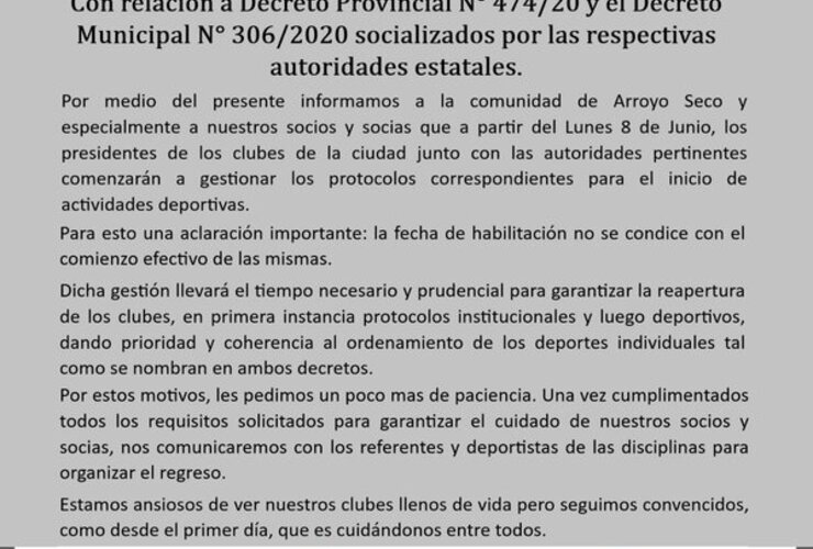 Imagen de Los 4 Clubes de Arroyo Seco, emitieron un comunicado para aclarar dudas sobre los Deportes Habilitados