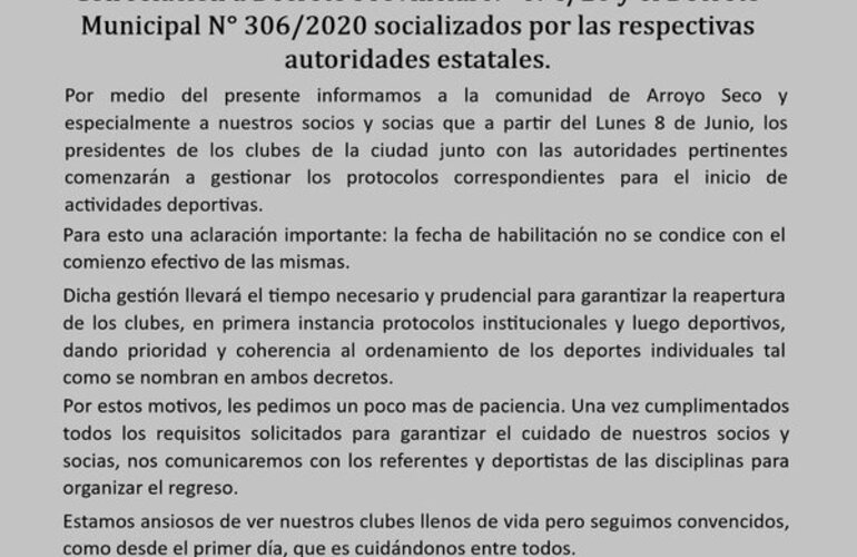 Imagen de Los 4 Clubes de Arroyo Seco, emitieron un comunicado para aclarar dudas sobre los Deportes Habilitados