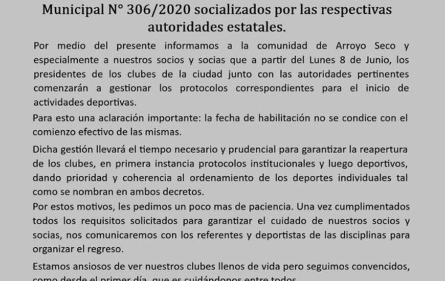 Imagen de Los 4 Clubes de Arroyo Seco, emitieron un comunicado para aclarar dudas sobre los �Deportes Habilitados�