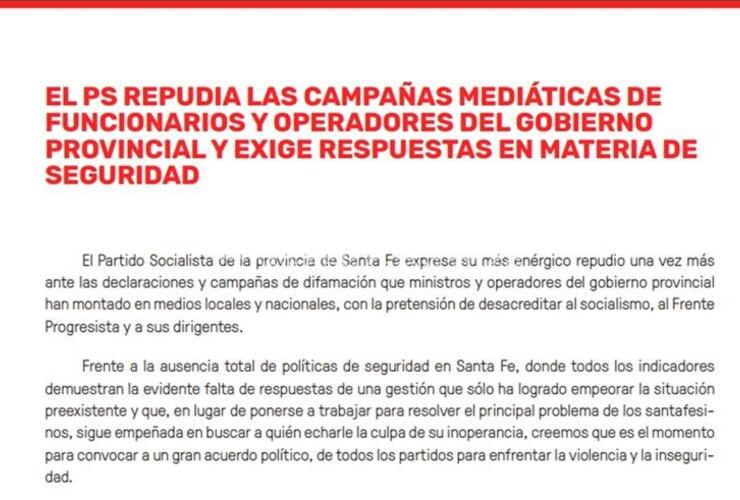 Imagen de El PS repudia las campañas mediáticas de funcionarios y operadores del Gobierno Provincial y exige respuestas en materia de seguridad