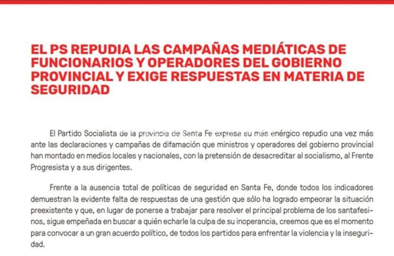 Imagen de El PS repudia las campañas mediáticas de funcionarios y operadores del Gobierno Provincial y exige respuestas en materia de seguridad