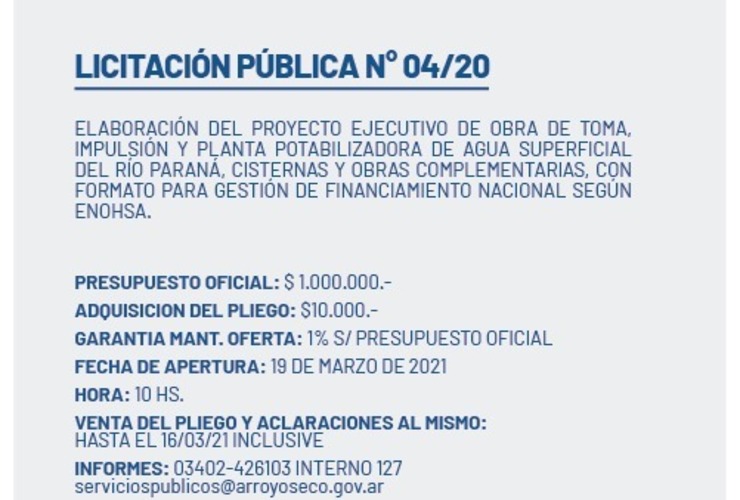 Imagen de La municipalidad convoca a licitación pública para el proyecto ejecutivo de obra de toma, impulsión y planta potabilizadora de agua