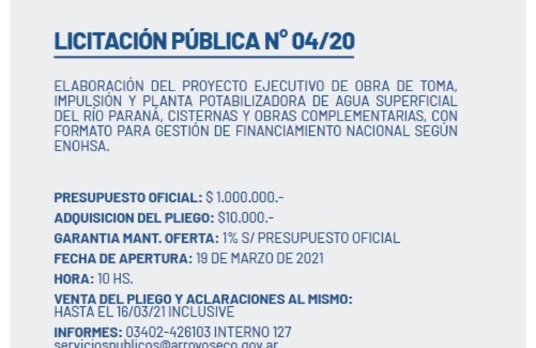 Imagen de La municipalidad convoca a licitación pública para el proyecto ejecutivo de obra de toma, impulsión y planta potabilizadora de agua