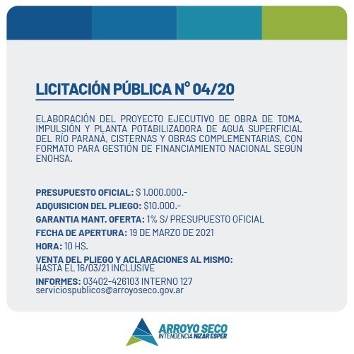 Imagen de La municipalidad convoca a licitaci&oacute;n p&uacute;blica para el proyecto ejecutivo de obra de toma, impulsi&oacute;n y planta potabilizadora de agua