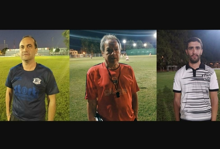 Agosto (ASAC), Yassogna (CAT), y Sebastián Mori (CAU), los DTs de los equipos de la ciudad.